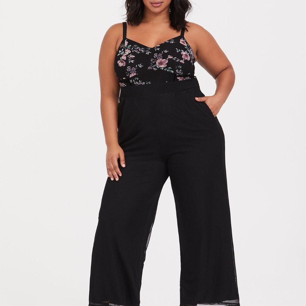 Torrid Black Floral Mesh Jumpsuit
